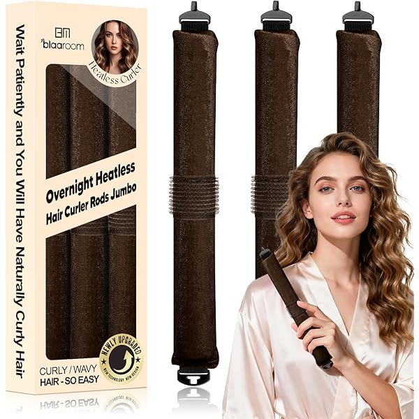wonima02 Overnight Heatless Hair Curler, Upgraded with Hair Pad Grippers Satin Jumbo Flexi Blowout Curls Rods, 3pcs No-Heat Styling Tools Curling Rod to Sleep in for All Hair Types - Brown