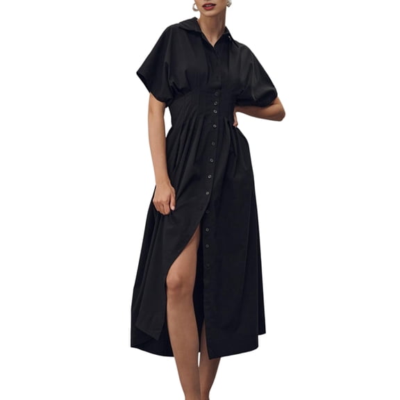 Striped Button Pleated Shirt Maxi Dress for Women Short Sleeve Collar V Neck Corset Long Dress Black XL