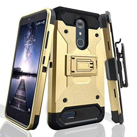 ZTE Max Duo LTE, ZTE Carry, Blade X Max, ZTE ZMAX Pro Case, ZTE Grand X Max 2 Case, ZTE Imperial Max Heavy Duty[Built-in Kickstand] Belt Clip Holster / Rugged Triple Layer Protection - Gold