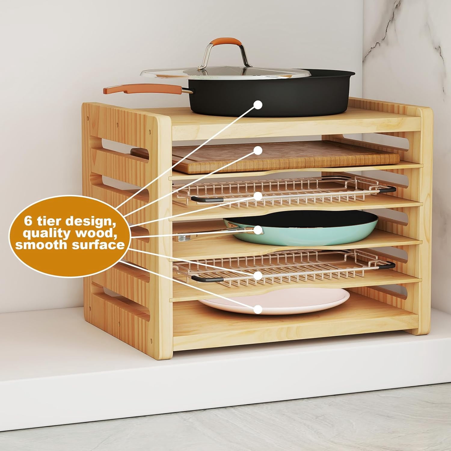 Gtouse Wooden Cabinet Tray Dividers, 6 Tier Kitchen Cookie Sheet Organizer for Pots, Pans, Baking Tray, Cutting Board
