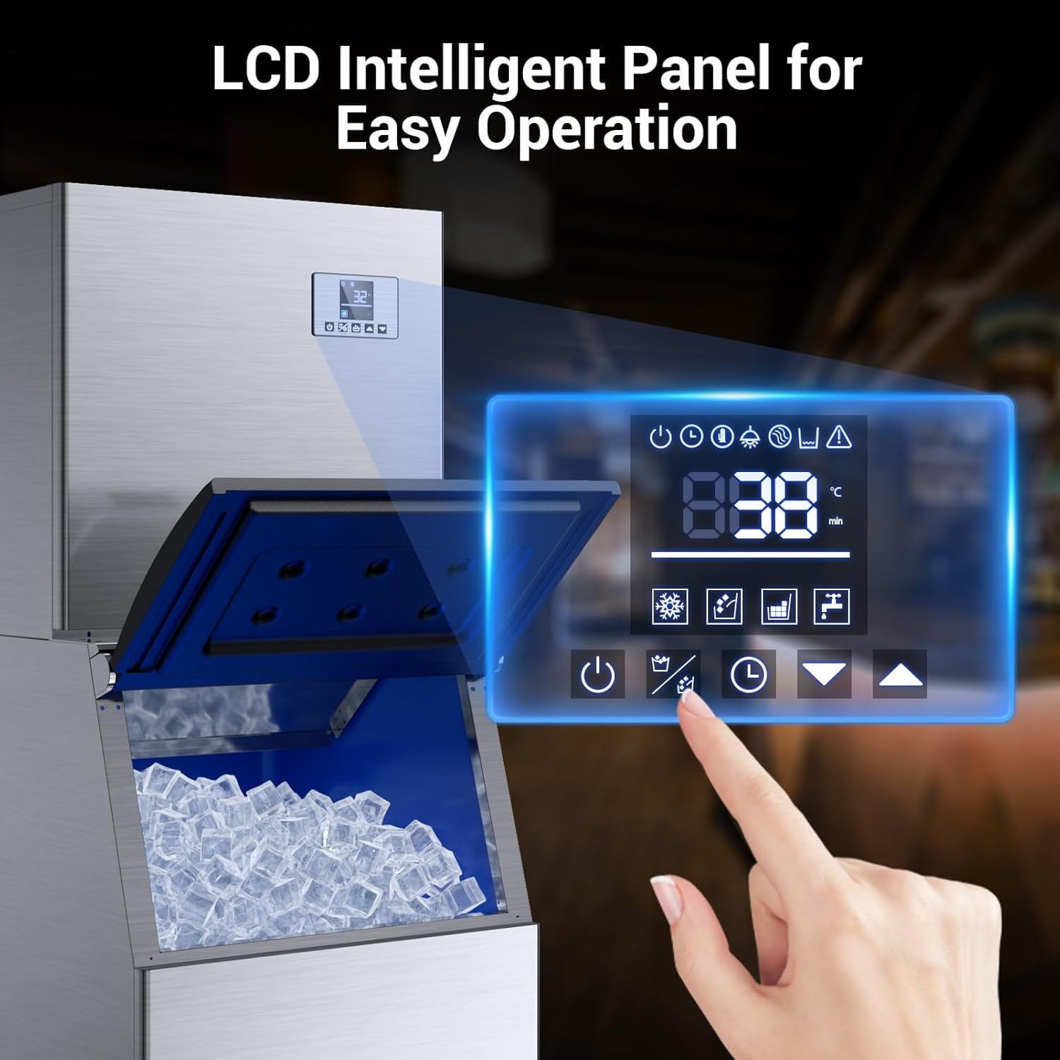 High-Capacity Commercial Ice Maker - 600Lbs/24H Output, 400Lbs Storage, Stainless Steel Construction with Water Hookup & Adjustable Ice Thickness
