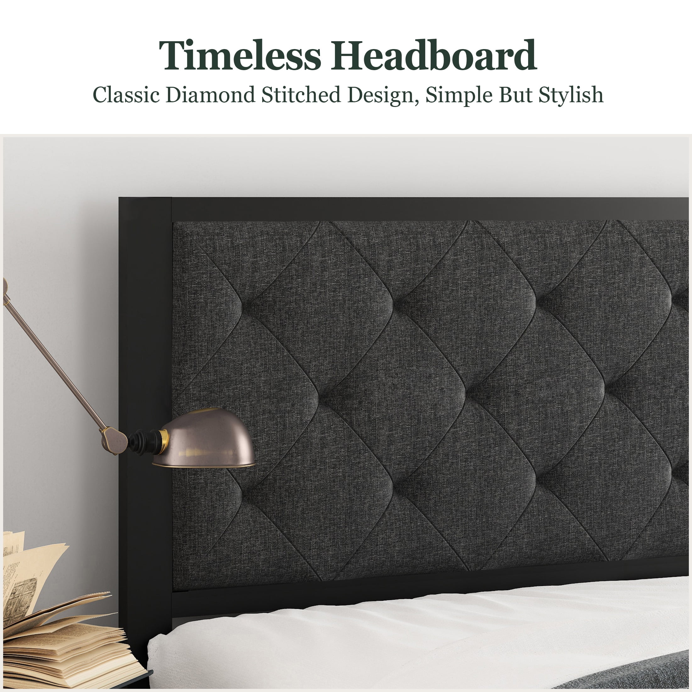 Amolife Full Size Platform Bed Frame with Upholstered Headboard, Dark Grey