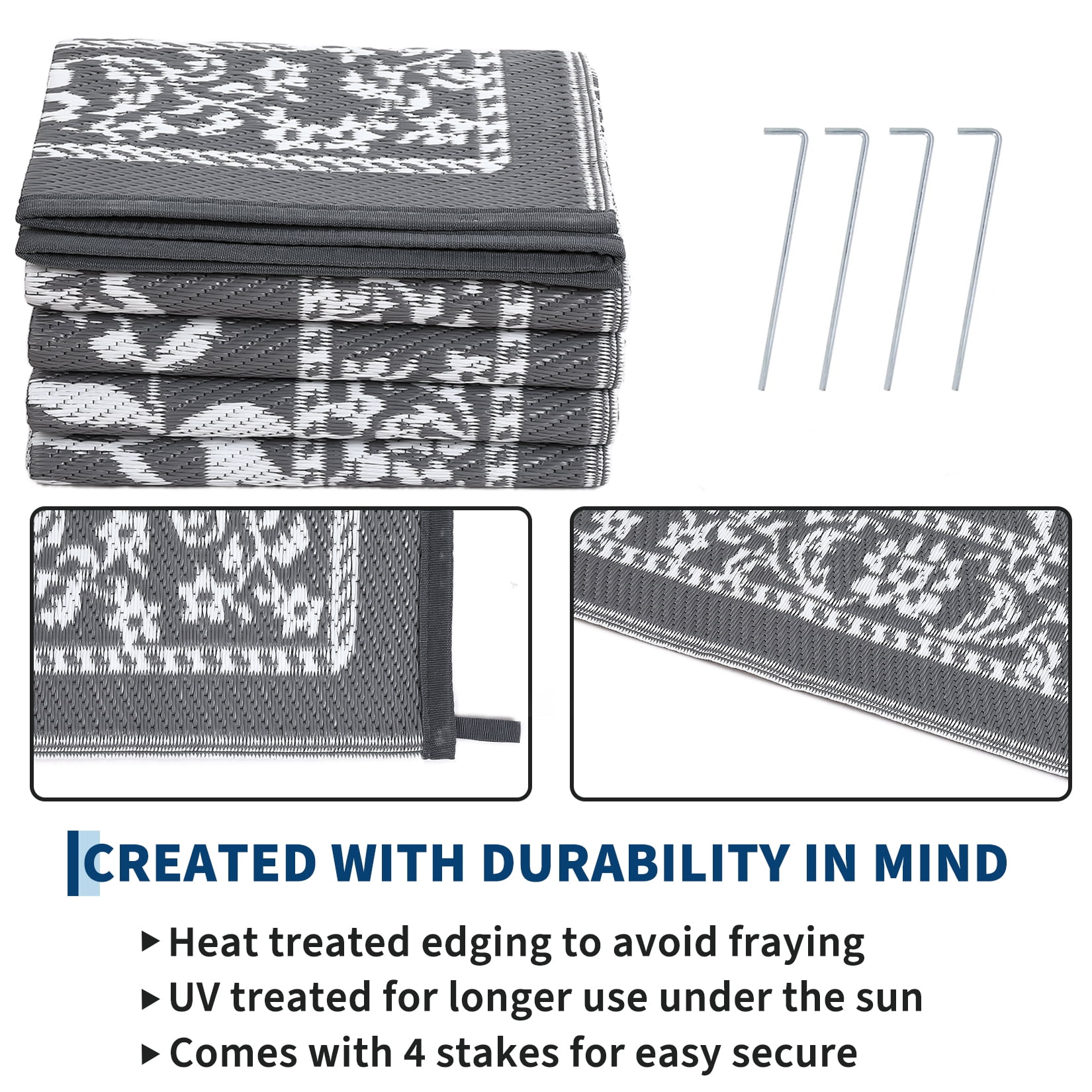 Garvee Outdoor Rug 9x12ft Waterproof Reversible Foldable Plastic Straw Rug, Modern Floral Border Outdoor Mat for Patio, Camping, RV, Deck, Porch, Balcony, Gray/White
