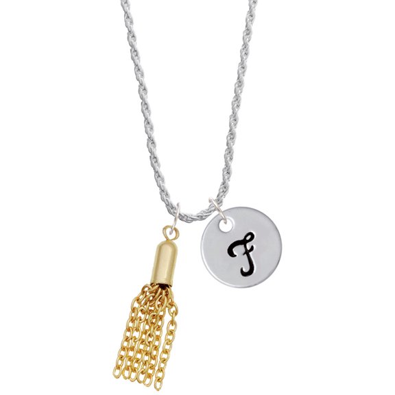 Delight Jewelry Goldtone Small Tassel Silvertone Script Initial Disc - F - Charm Necklace, 20"+3"