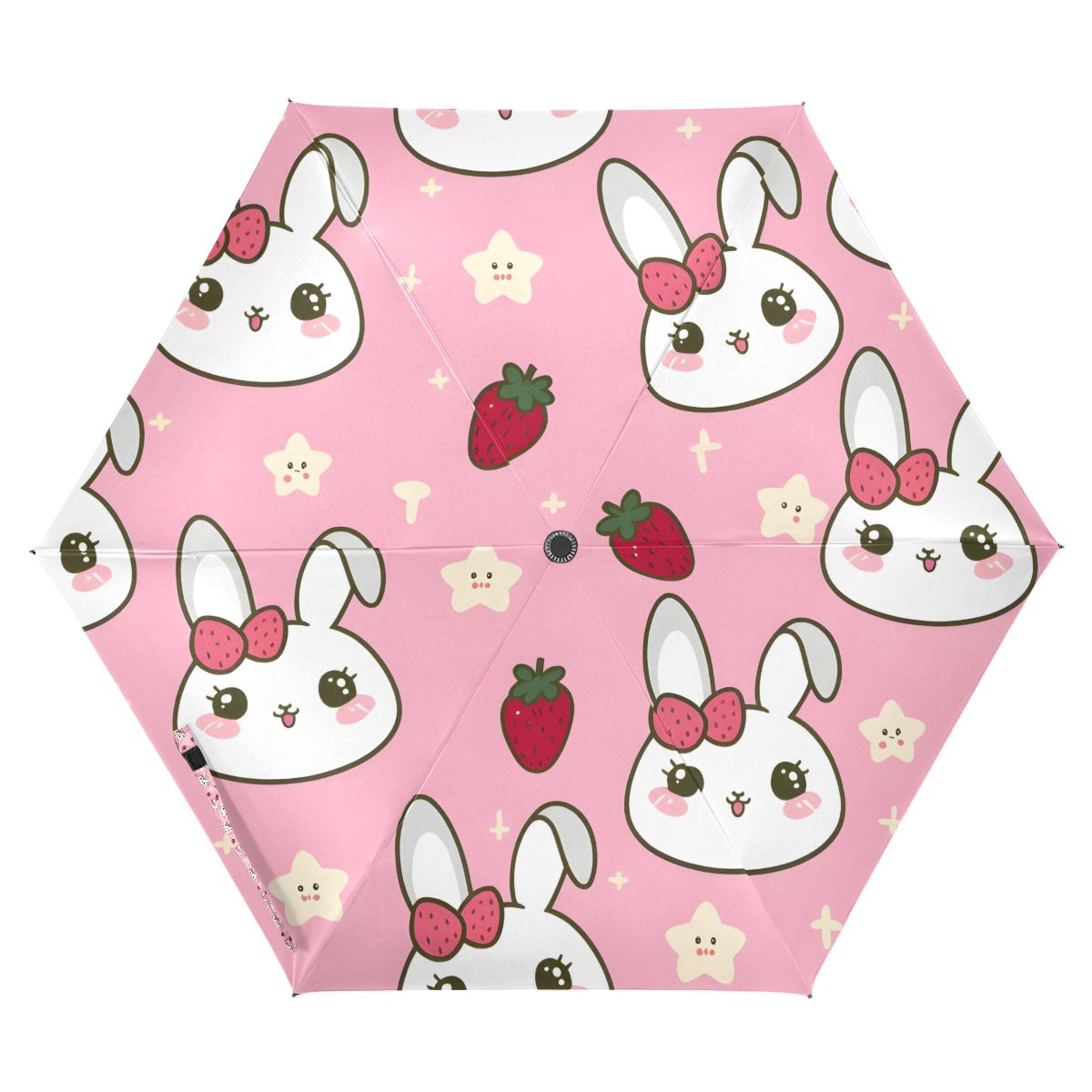 Cute Rabbit Head with Strawberry Compact Sun Umbrella Windproof Travel Umbrellas for Rain Strong Portable UV Protection