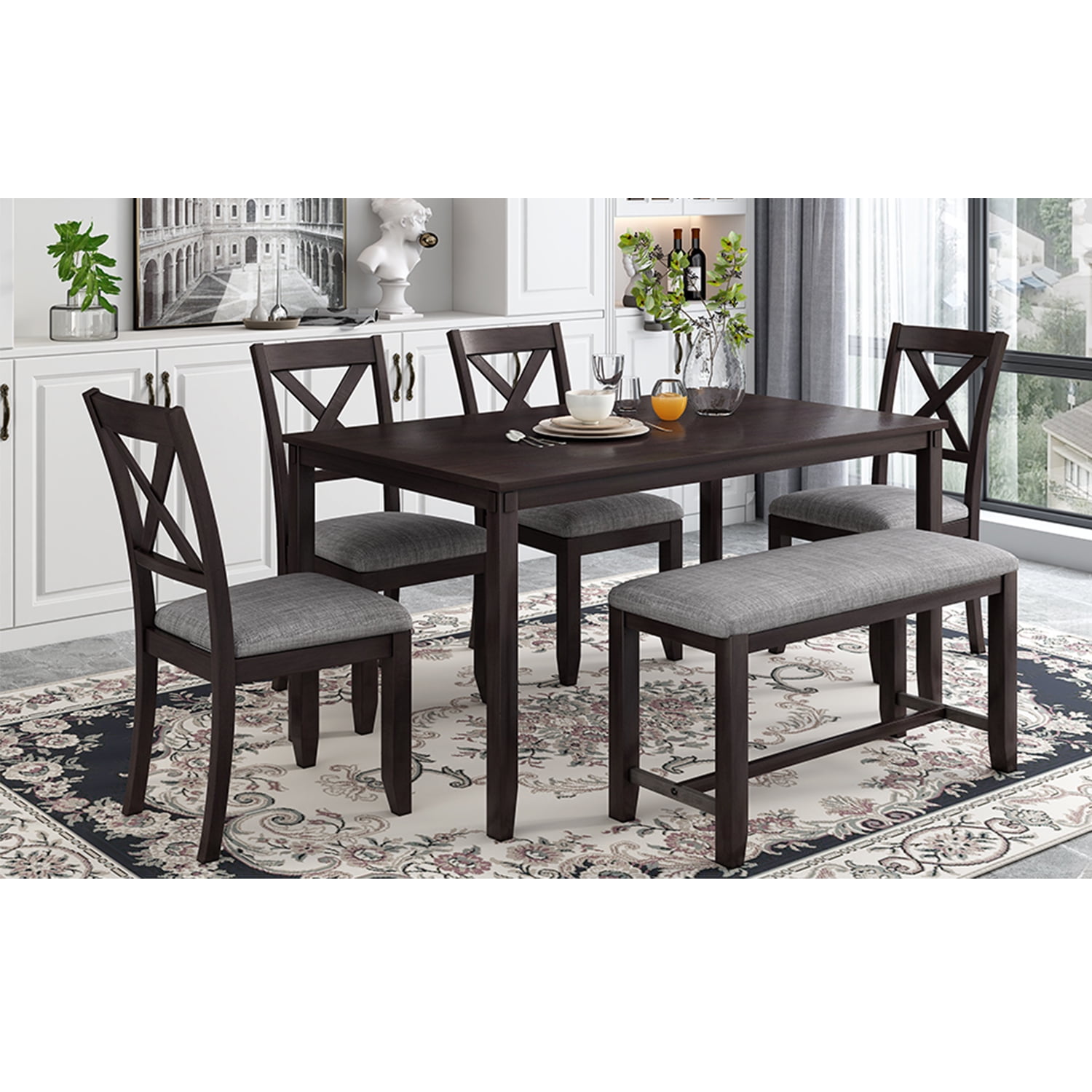 Kadyn Rectangular Dining Table Set 6 Pc, Wooden Modern Dining Chairs Seat, 6-piece Kitchen Dining Table Set Dining Table, 4 Dining Chairs and Bench, Espresso Kadyn Rectangular Dining Table Set 6 Pc, Wooden Modern Dining Chairs Seat, 6-piece Kitchen Dining Table Set Dining Table, 4 Dining Chairs and Bench, Espresso