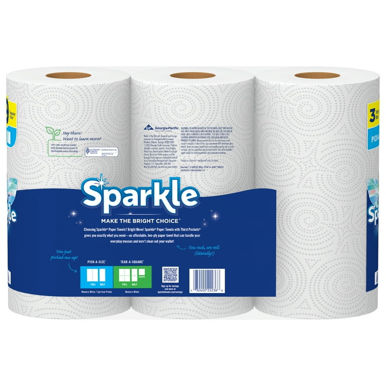 Sparkle Pick-A-Size White Paper Towels, 3 Triple Rolls, 2