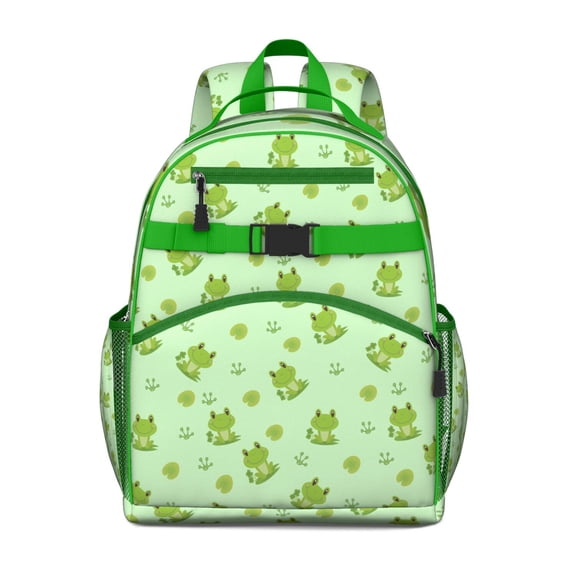 Nature-Inspired Green Frog Students Backpack with Cartoon Frog Print, Flower and Plant Pattern, and Forest Design for Preschoolers