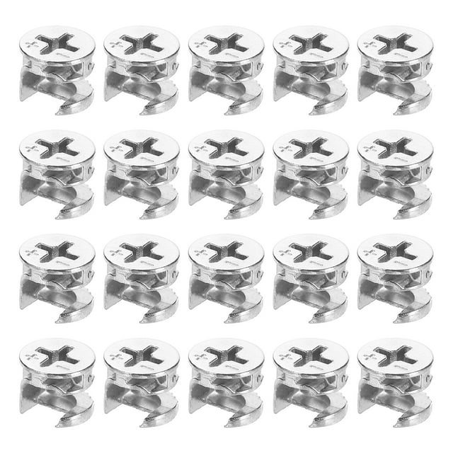 Cam Lock Nut for Furniture, 30pack 14.6x11.5mm joint connector locking nuts made of zinc alloy with nickel-plated finish, arranged in a grid layout. Designed with deep cross slots for secure wood-to-wood connections in furniture such as cabinets, bookshelves, wardrobes, and desks. Ideal for hardware nuts and lock nuts applications.