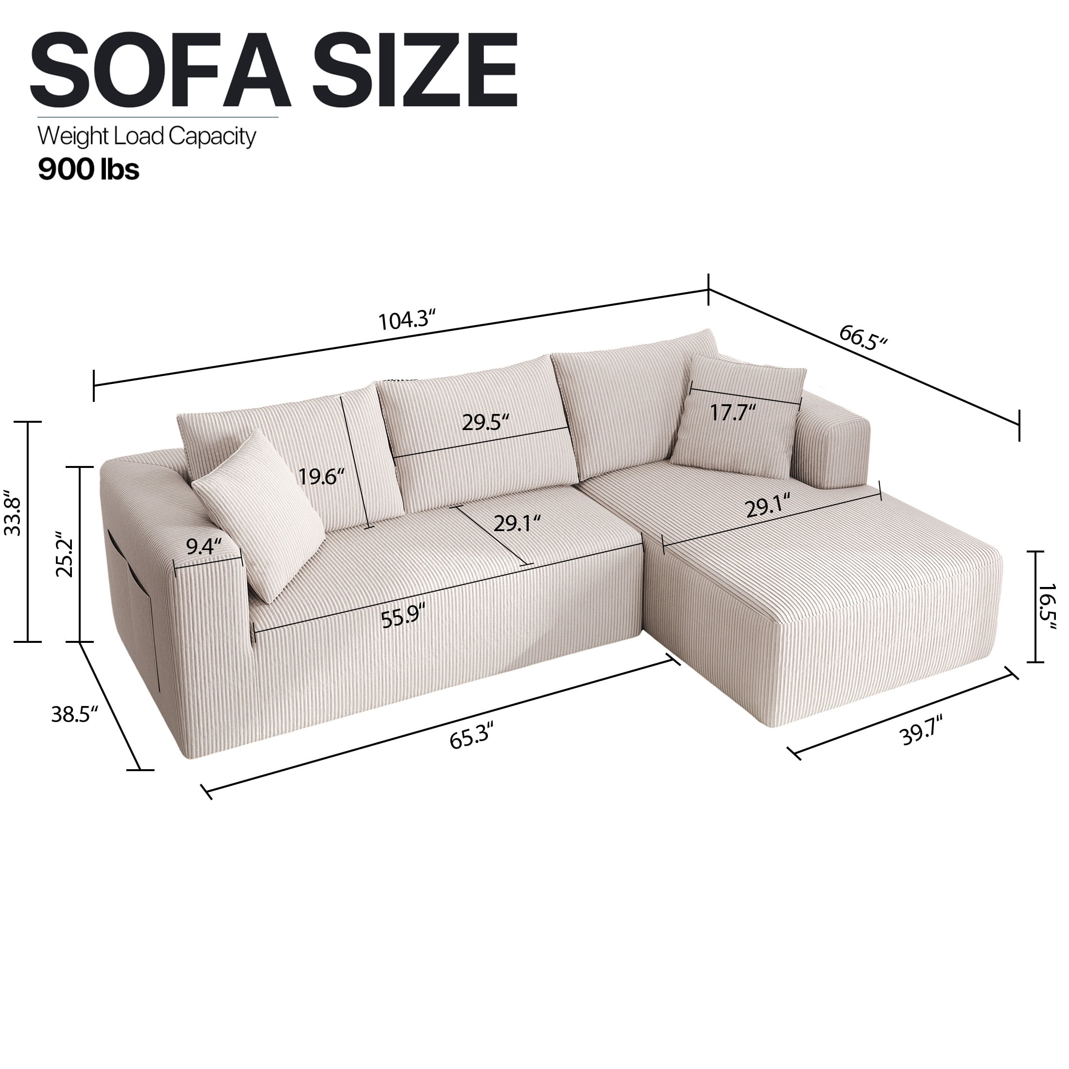 Focalsweet 107" L-Shaped Sofa Couch, Modular Sectional Living Room Sofa Set, Corduroy, No Assembly, White