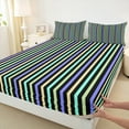 thumbnail image 3 of Manfei Stripes Lines Bed Sheets,Modern Geometric Aesthetic King Sheets,Green Purple Sheet Set For Children,Microfiber Bedroom Decor,4 Pieces, 3 of 7