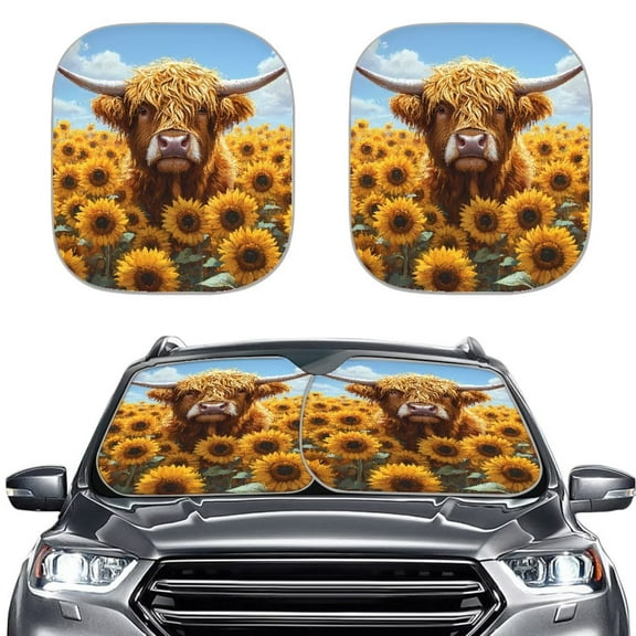 KUIFORTI 2 Pcs Sunflower Windshield Sun Shade Foldable Cute Highland Cow Sunshade for Car Windshield, Portable Sun Shades Heat Resistant Car Shield Sun Protector for Suv Truck Sedan Van