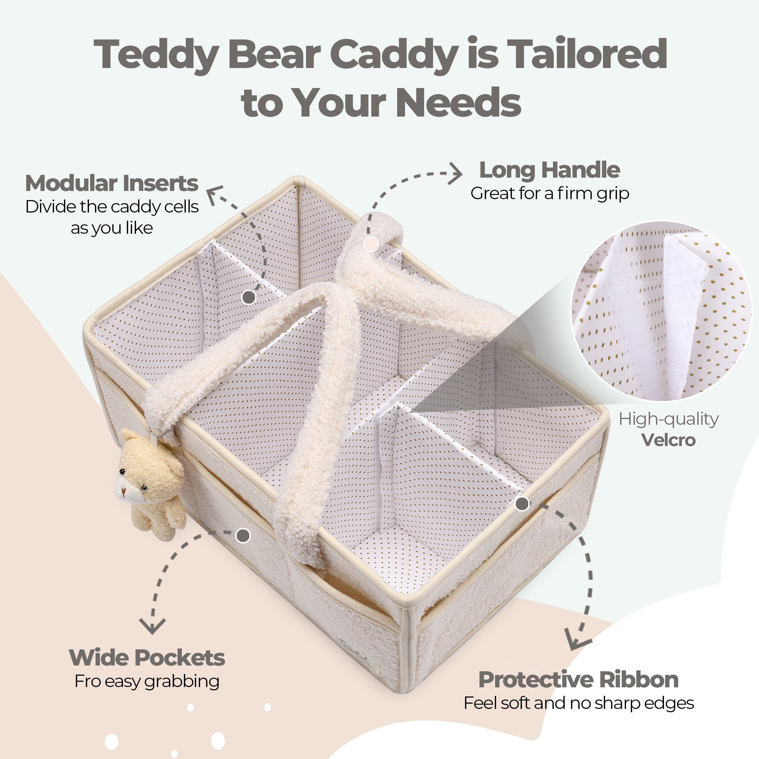 Plush Sherpa Baby Diaper Caddy Organizer, Portable Nursery Storage Basket with Teddy Bear Charm, Multi‑Compartment Changing Table Organizer for Newborn Essentials, Unisex Baby Shower Gift