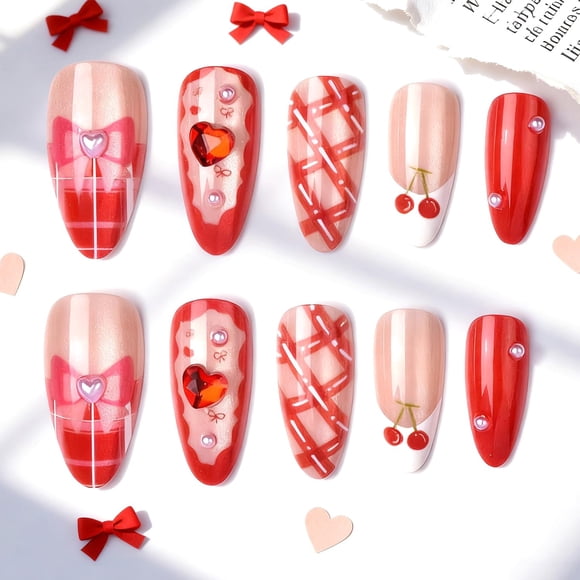 Uñas postizas adhesivas BSBTBZ 24 piezas, almendra, rojo cereza, strass