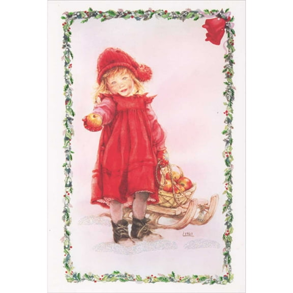 Pictura Little Girl in Red Dress Holding Apple in Outstretched Arm Christmas Card