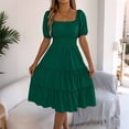 thumbnail image 2 of Hduncf Women's Fashion Casual Summer Square Neck Smocked Waist Puff Sleeve Ruffle Hem Solid Color Long Style Tiered Midi Dress Green L, 2 of 5
