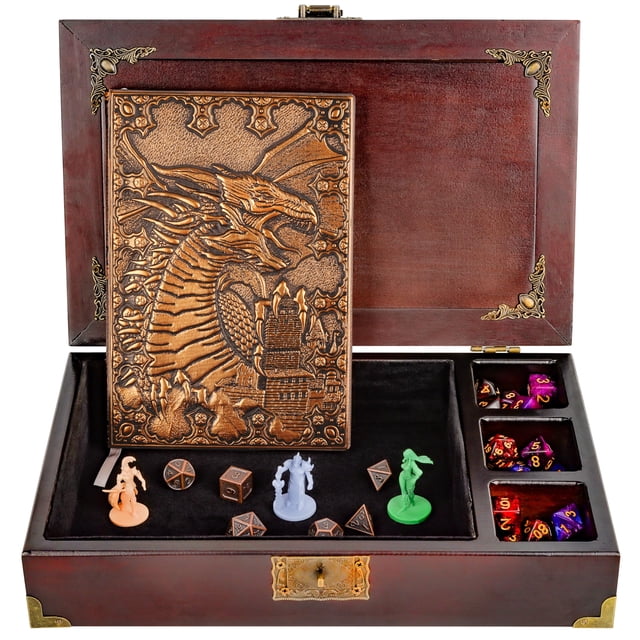 Caja DND 3 en 1 con bandeja para dados D&D de metal y Journal Hornate