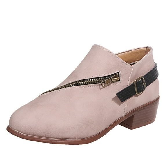 asdoklhq Womens Waterproof Work Boots,Retro Women Leather Flat Zipper Solid Color Short Booties Round Toe Shoes