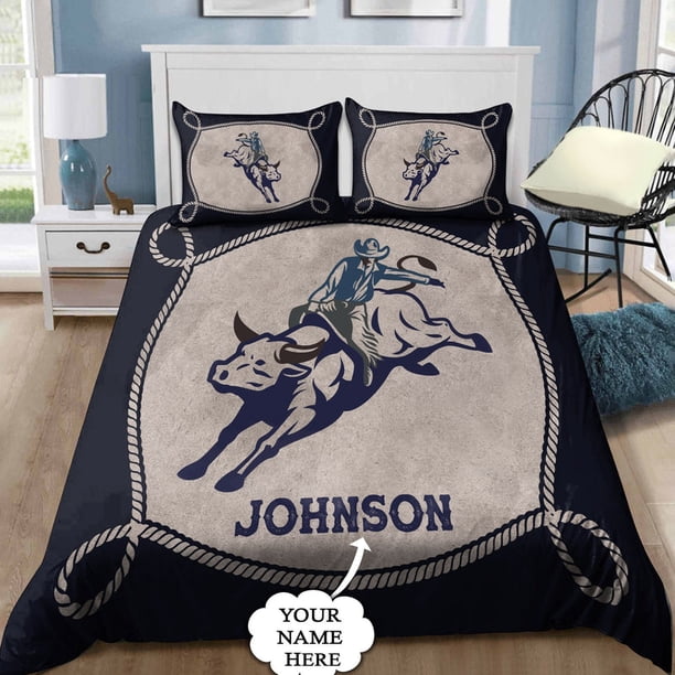 Juego de Cama Personalizado Nombre Bull Riding Cuerda Azul