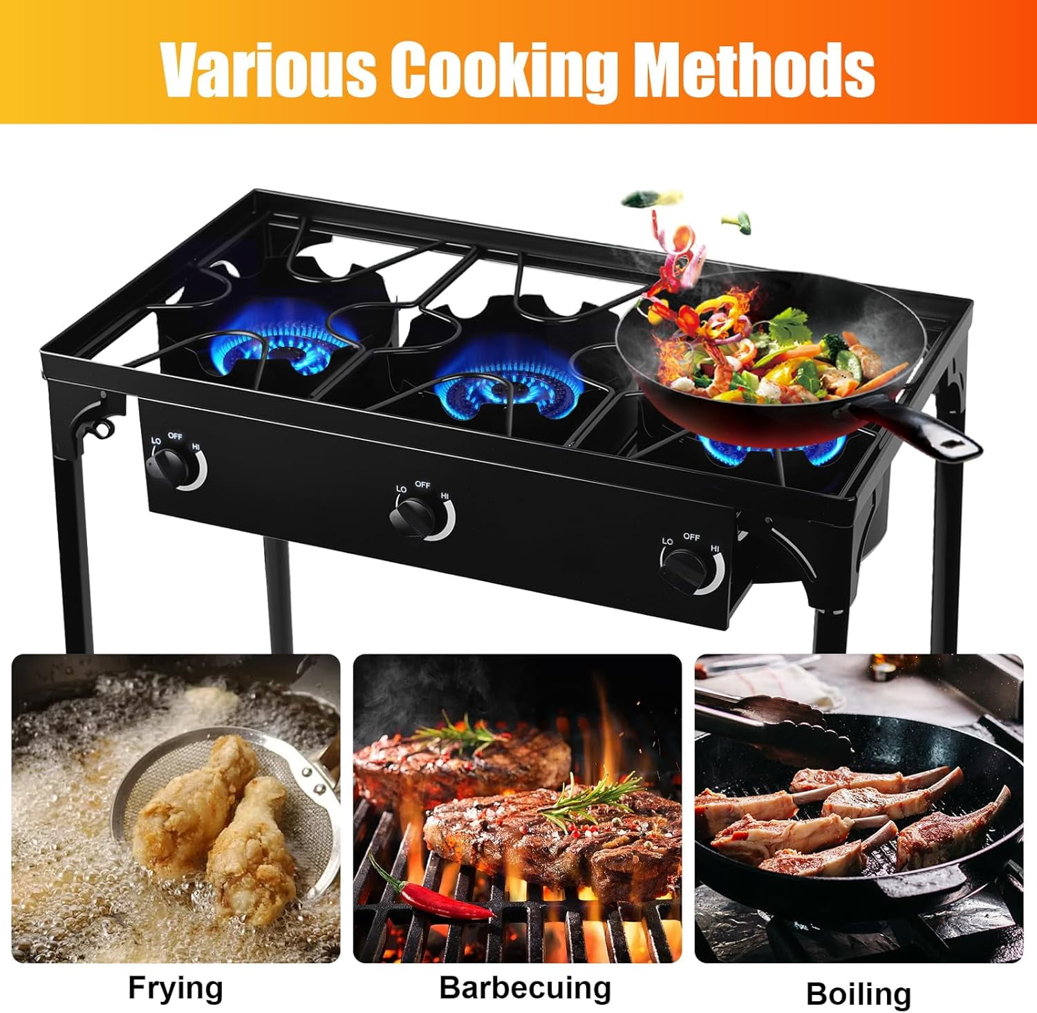 225,000-BTU High-Pressure Outdoor Propane Gas Stove, 3-Burner Camp Cooker with Detachable Legs for Camping, Patio, Tailgating & Backyard Cooking