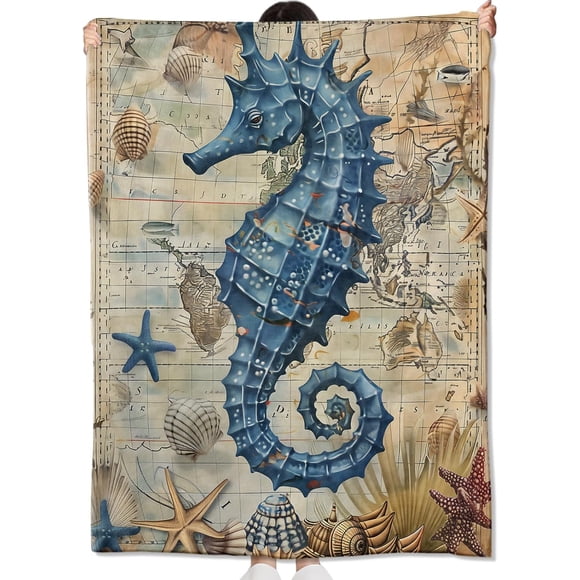Vintage Blue Seahorse Blanket Gifts for Kids Girls Women Nautical Antique Map Seashell Throw Blankets Soft Comfy Lightweight for Room Couch Bed Modern Retro Decor Ocean Lover in 50"x60"