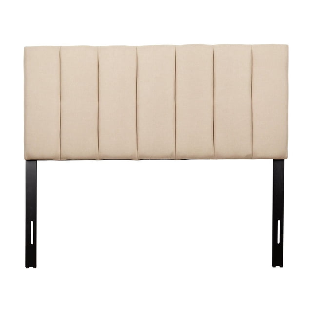 Beige full size panel tufted velvet headboard with black metal legs for bed frame.