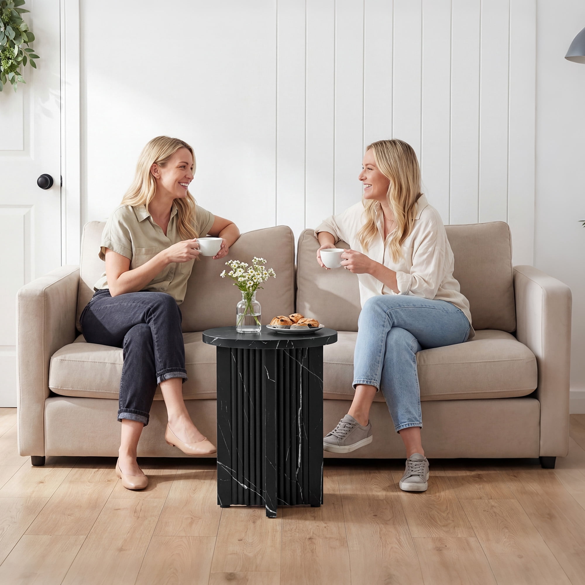 YOCWO Round Small End Tables for Living Room with Wave Base, Mordern MDF Side Table for Bedroom Small Space with Marble Veneer Finish, Black