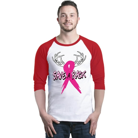 Shop4Ever Men's Save A Rack Breast Cancer Awareness Raglan Baseball Shirt X-Small White/Red
