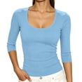 thumbnail image 2 of ABSUYY Womens Scoop Neck Ribbed Knit Layering Tee, Solid Light Blue 3/4 Sleeve Stretch Slim Fit Casual Top,Size L, 2 of 7