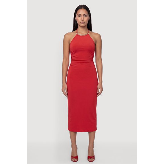 Women's Metallic Neck Detail Side Ruched Midi Dress