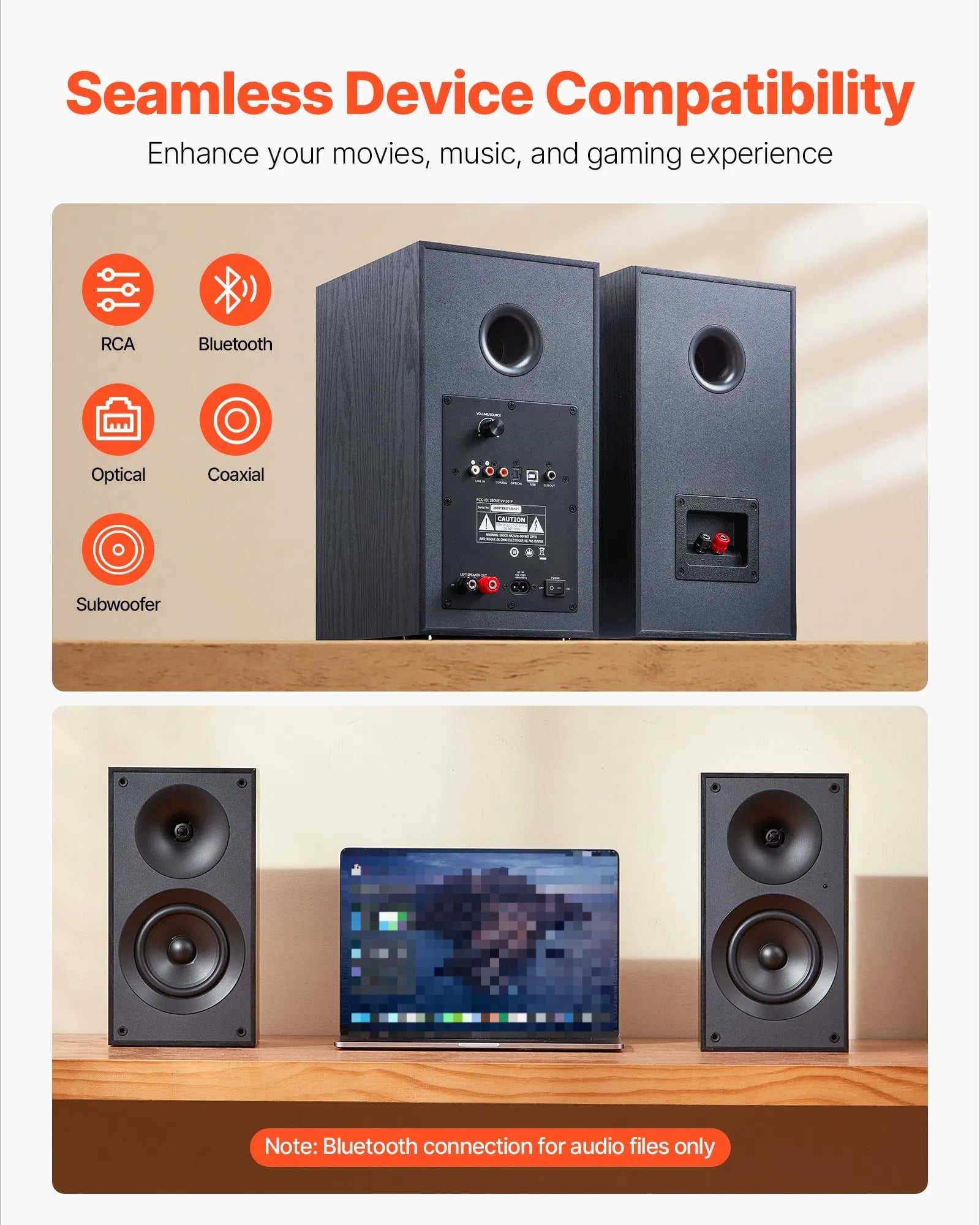 Three-dimensional audio system, Bluetooth audio system, active bookshelf studio monitoring speakers, MDF casing, 2 Bluetooth coaxial stereo systems, multiple input options