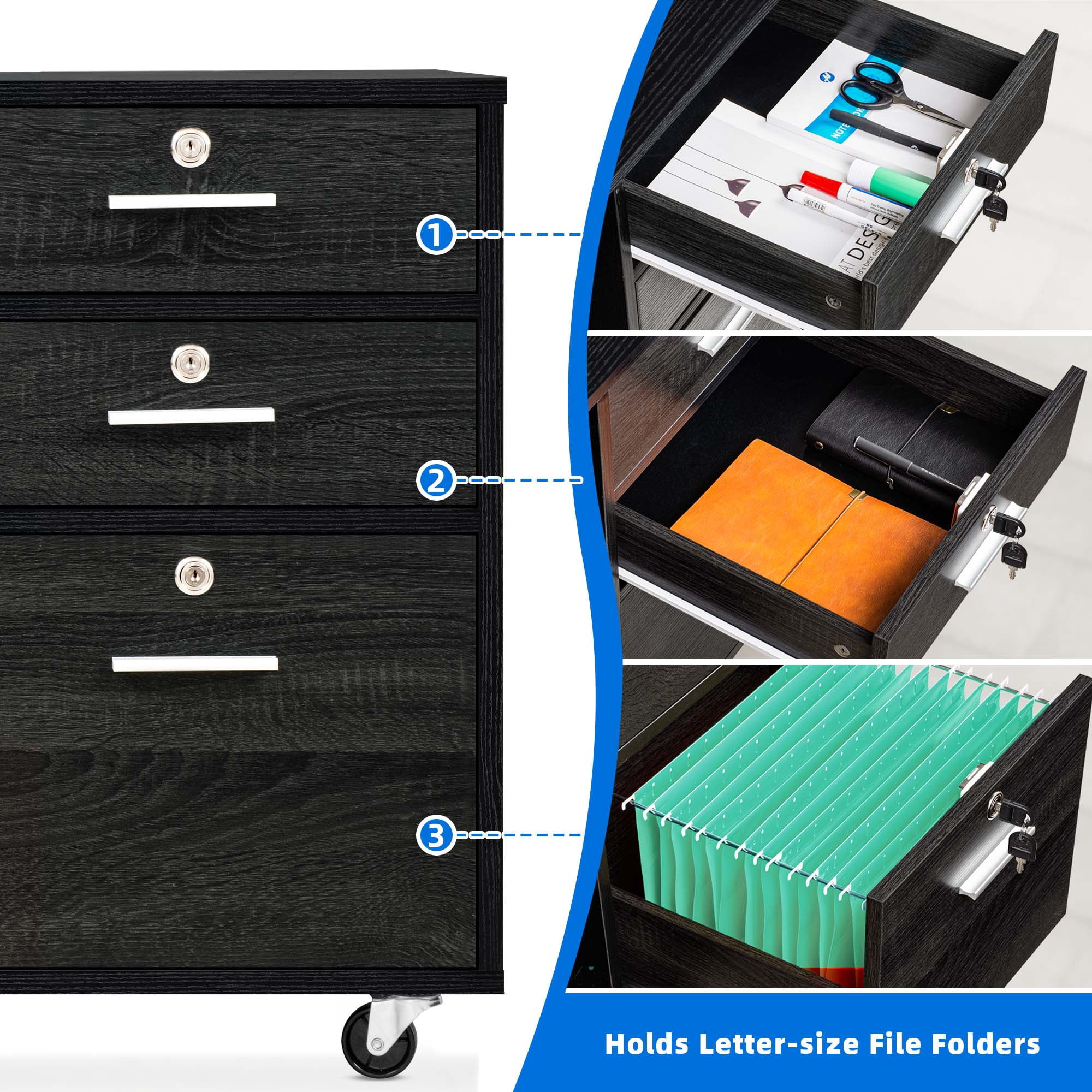 Dextrus 3-Drawer Wood File Cabinet with Lock, Mobile Lateral Filing Cabinet Rolling Printer Stand for Office, Black