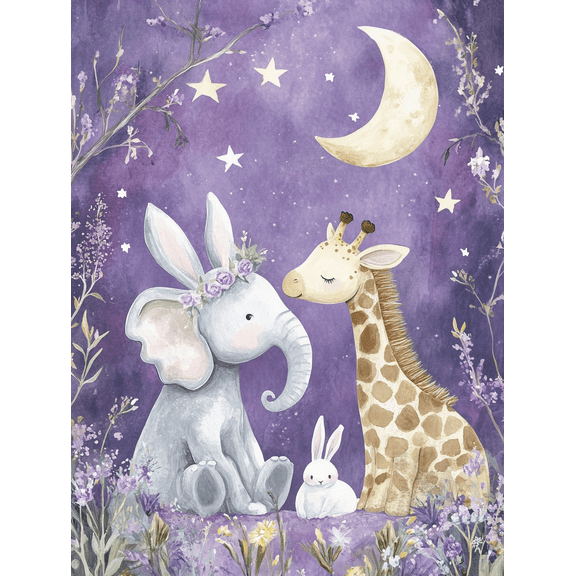 Cute Elephant Giraffe Rabbit Night Canvas Wall Art, Suitable for Bedroom,Living Room,Nursery,Kids Room,Playroom Decoration.