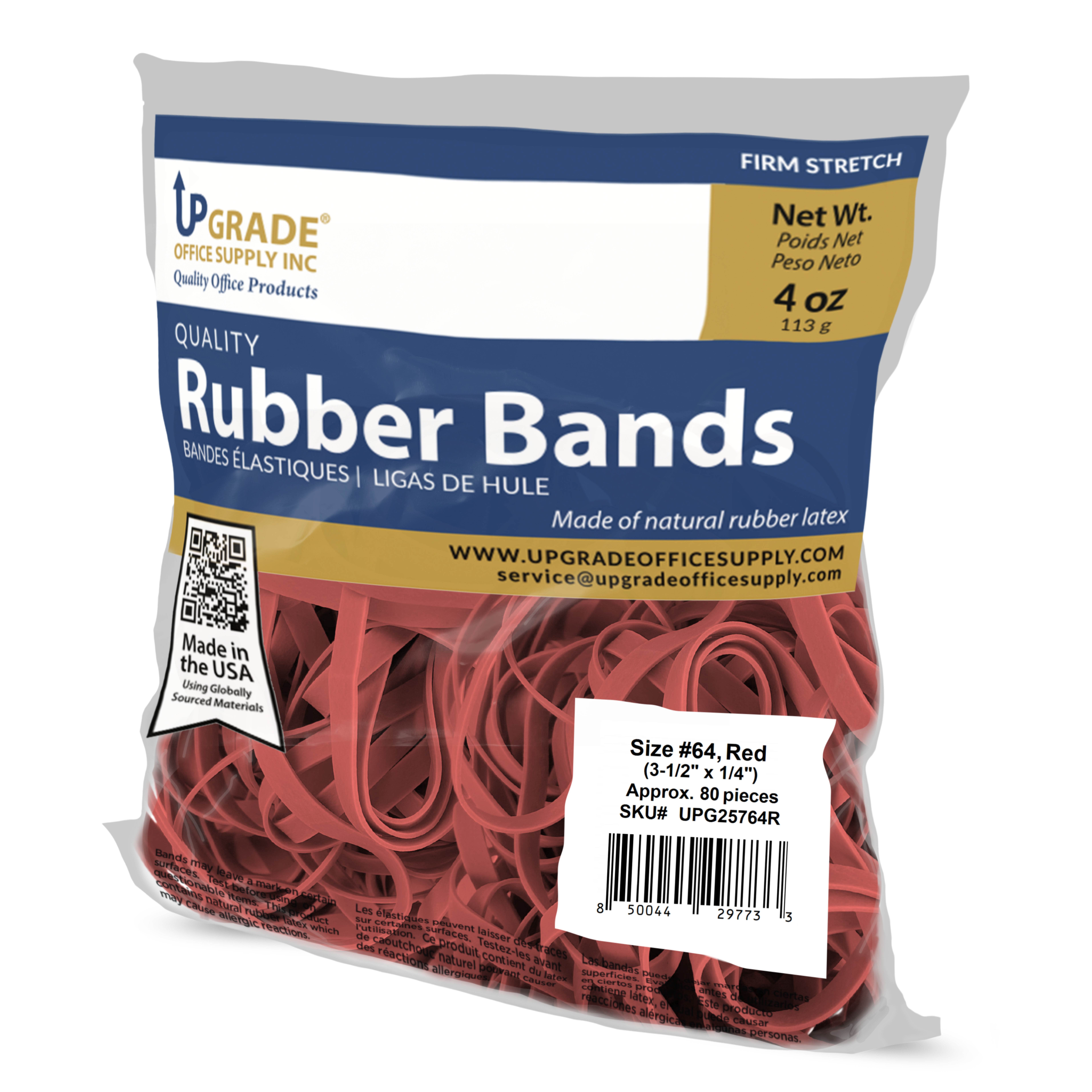 Upgrade Office Supply UPG25764RCS Rubber Bands, Size 64 (3-1/2 x 1/4), Red, 80 Bands per 1/4 lb, 100 Bag Case Pack (25 Pounds), Made in USA