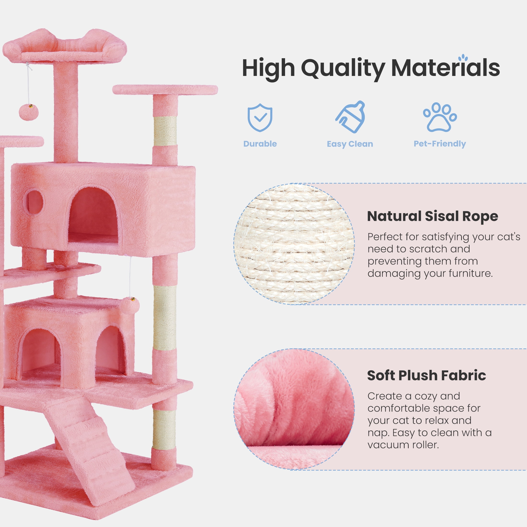 CONCETTA 54in Cat Tree for Indoor Cats, Multi-level Cat Tower with Sisal Scratching Post, Large Perch, Cat Condo, Pink