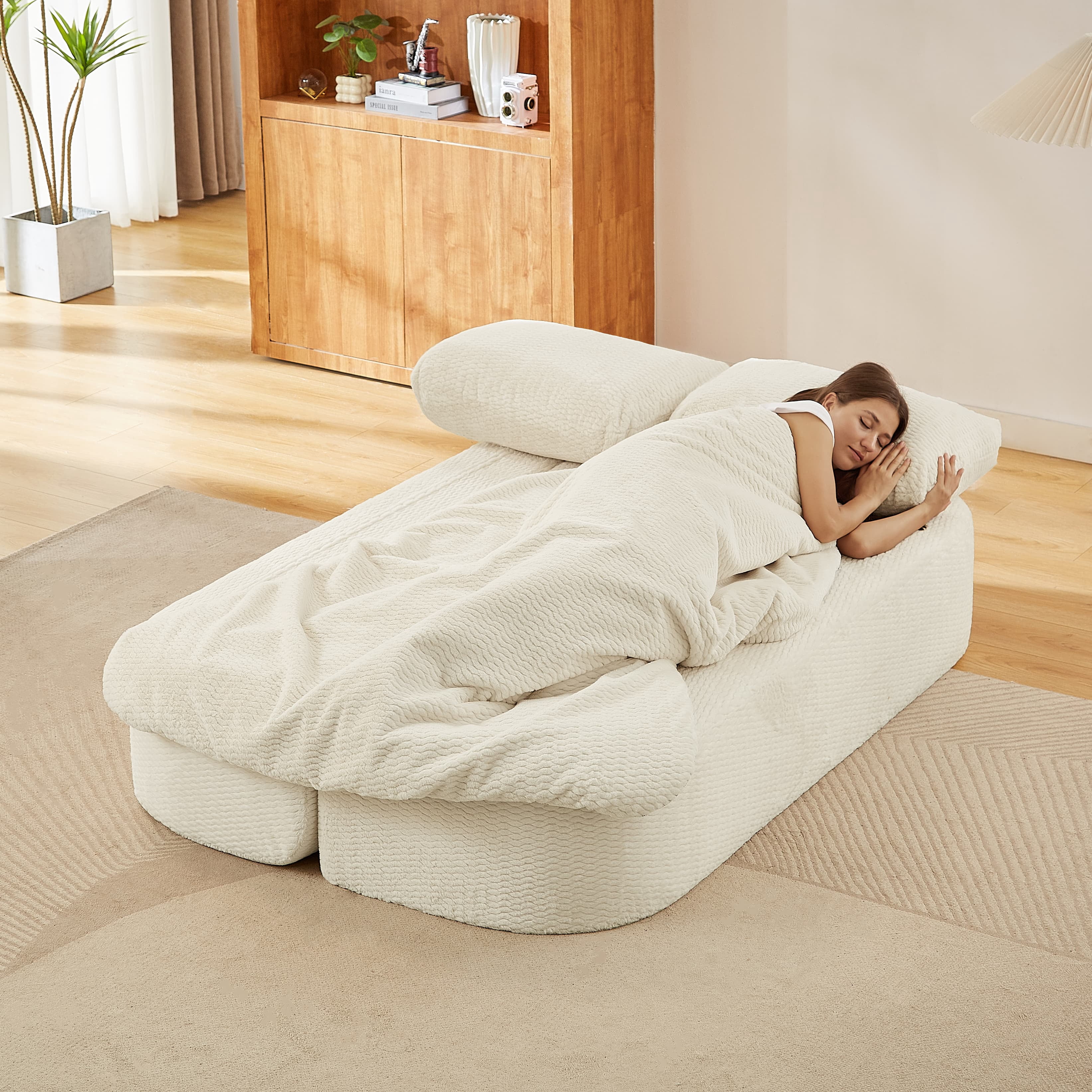 MAYEERTY Convertible Plush Sofa Bed, Modern Folding Compression Sleeper Couch for Living Room, 75*41*26"Cream