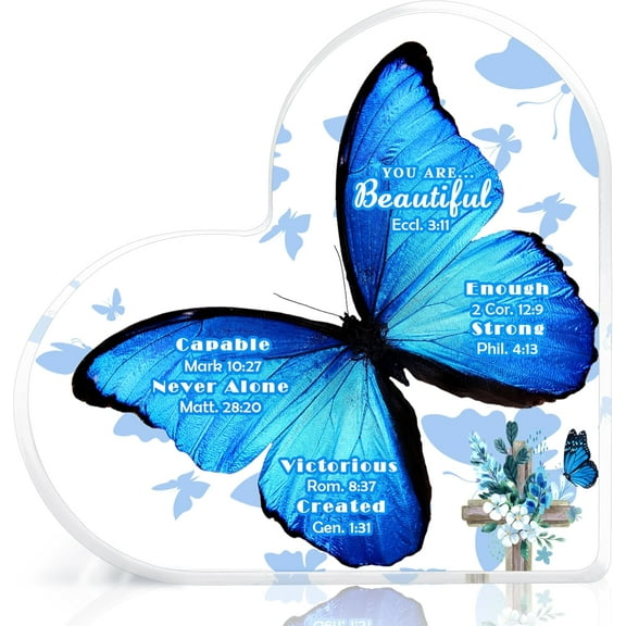 Christian Gifts for Women, Catholic Gifts, Faith Based Gifts, Inspirational Gifts with Bible Verse and Prayers, Blue Butterfly Acrylic Hearts Decoration for Friend Home Office (You Are)