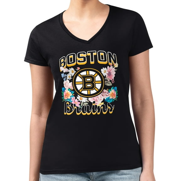 Women's G-III 4Her by Carl Banks Black Boston Bruins Super-Slim Fit Lightweight Flower Logo V-Neck T-Shirt