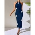 thumbnail image 3 of Navy Blue Floral Embellished Halter Neck Fitted Sleeveless Midi Dress With Tassel Hem, 3 of 5
