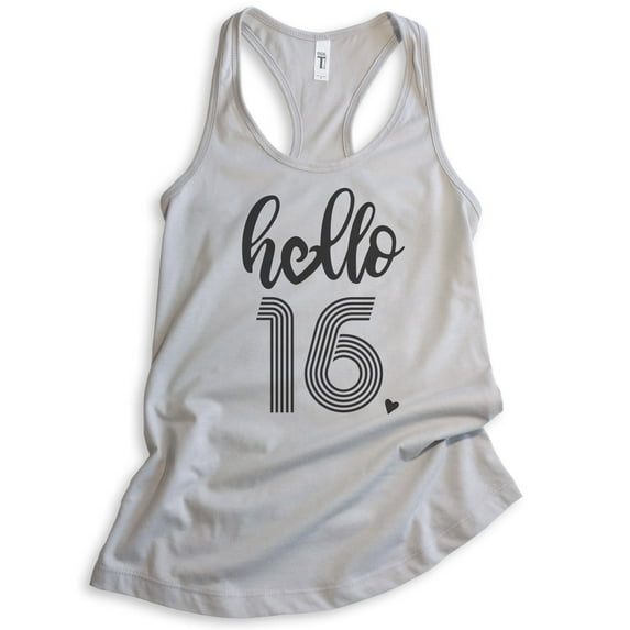 Hello 16 Tank Top, Ladies Racerback Tank Top, 16th Birthday Tank, Sweet Sixteen Tank, B-day Tank, Silver Gray, Large