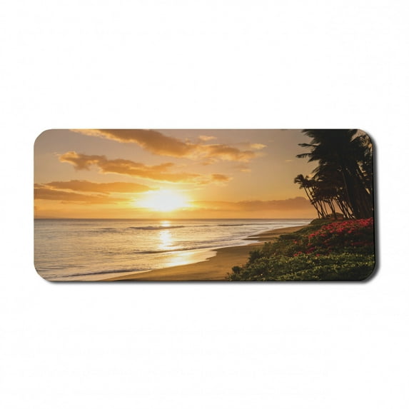 Hawaiian Computer Mouse Pad, Warm Tropical Sunset on Sands of Kaanapali Beach in Maui Hawaii Traveling, Rectangle Non-Slip Rubber Mousepad X-Large, 35" x 15", Orange Green Pink, by Ambesonne