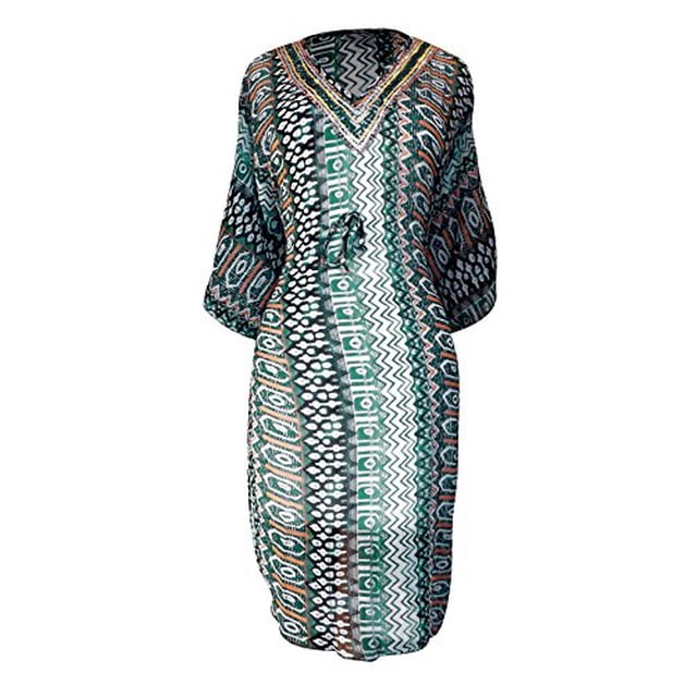 Peach Couture Robe Tunique d'Été Mini Légère à Imprimé Géométrique Tribal à Manches Longues avec Ceinture en Tissu