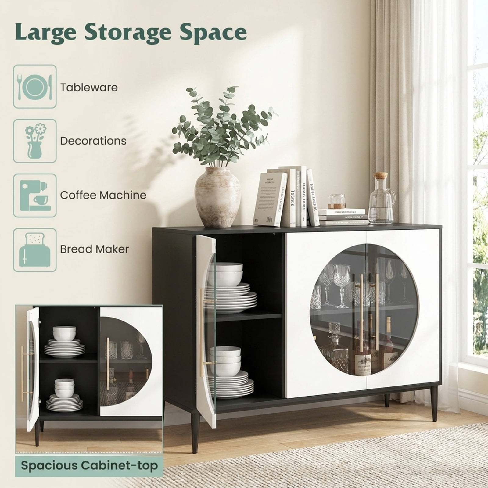 Furnibear Sideboard Cabinet with Tempered Glass Door for Living Room Dining Room Kitchen for Kitchen Dining Living Room Buffet Storage Server, White