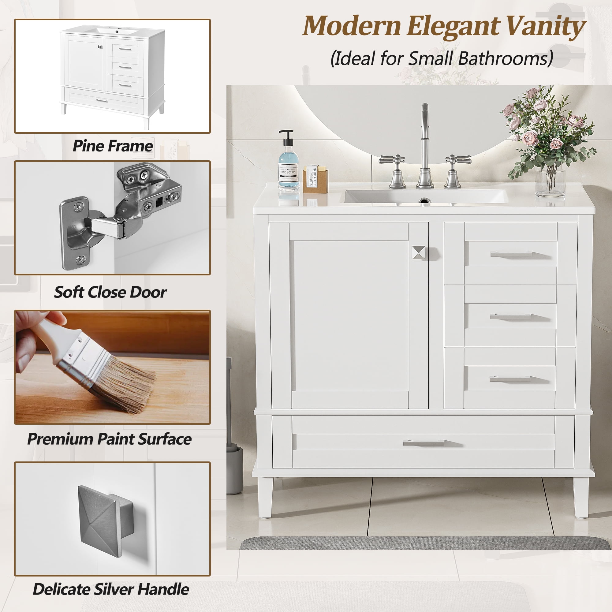 Euroco 36" White Bathroom Vanity with Solid Pine Frame, 1 Soft Close Door and 3 Drawers , Modern Storage Cabinet