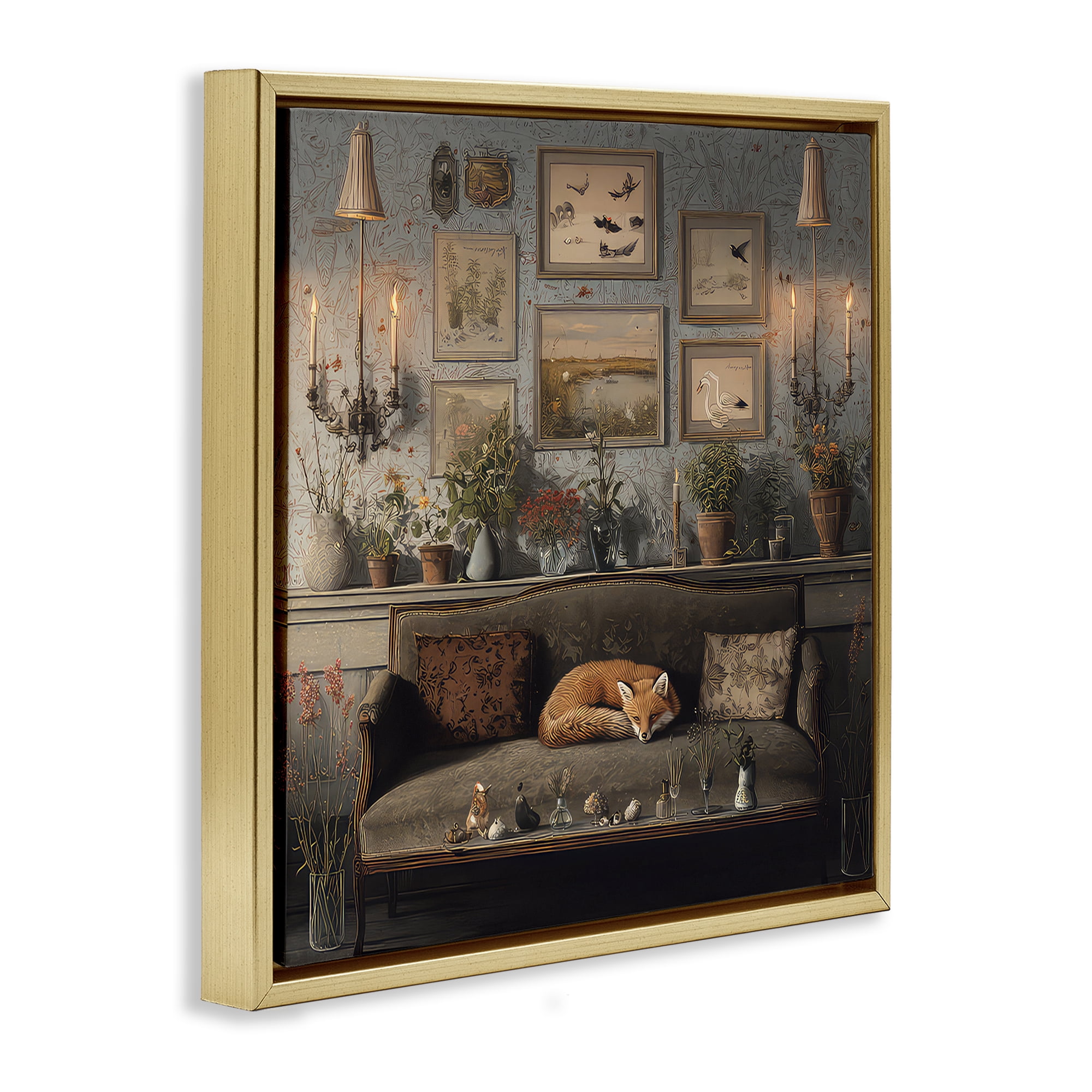 Stupell Industries Fox on Antique Sofa Gold Framed Floater Canvas Wall Art, design by The Wands Want