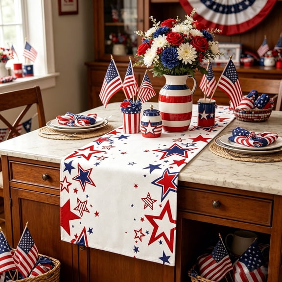 Miwamany 4th of July Table Runner, Patriotic Red White Blue Star Striped Table Runner, Independence Day Memorial Day Holiday Kitchen Dining Table Decor for Home