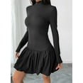 thumbnail image 3 of Women's Mock Neck Long Sleeve Bubble Hem Dress with Ruched Stretch 94% Polyester 6% Elastane for a Flattering Fit, 3 of 11