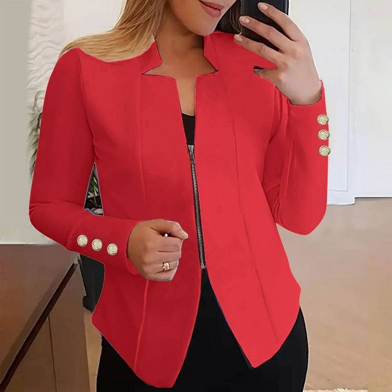 TJUJUSO Women Zipper Suit Jacket Solid Cropped Fall Coat Long