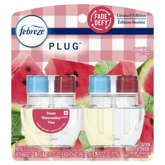 Febreze Plug In Air Freshener, Odor-Fighting Oil Refill, Sweet Watermelon Vine, 2 Refills