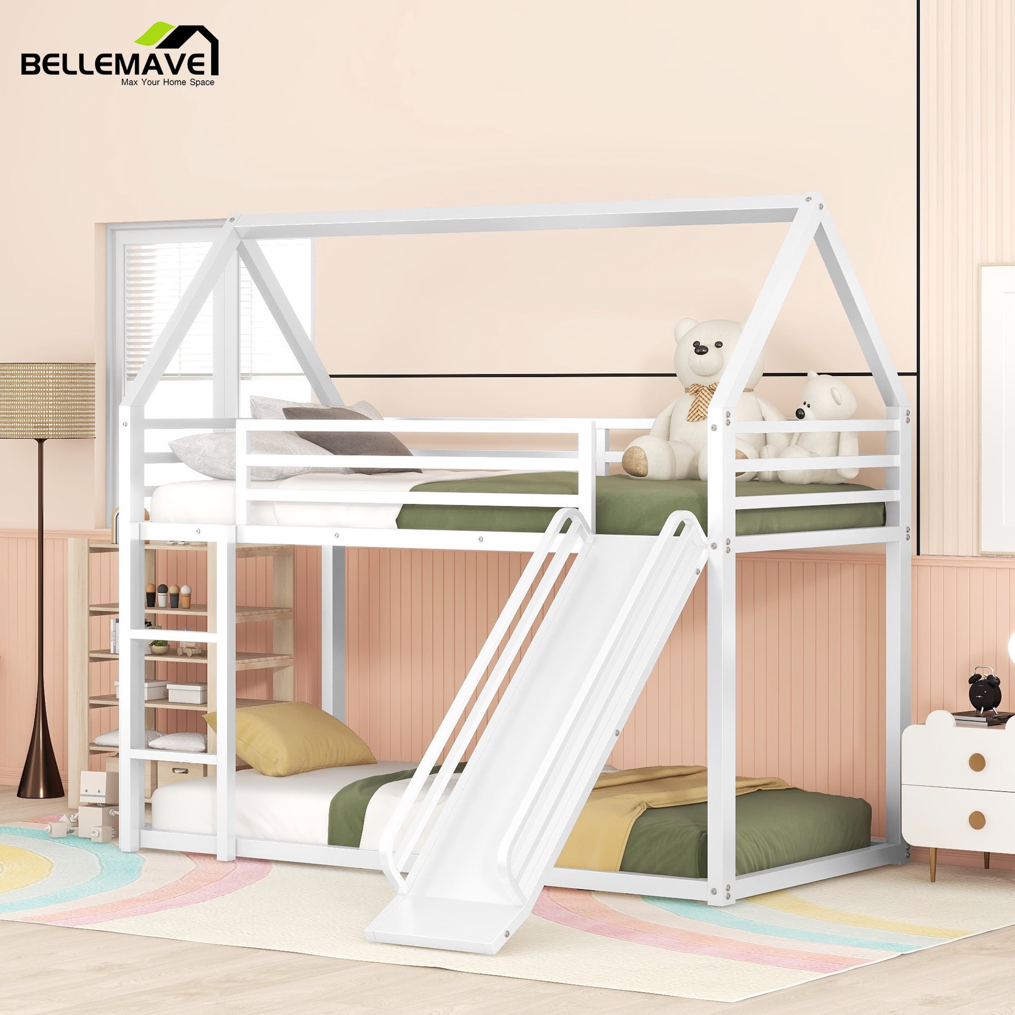 Bellemave Metal Twin Bunk Bed with Slide, Floor Toddler Bunk Bed, House
